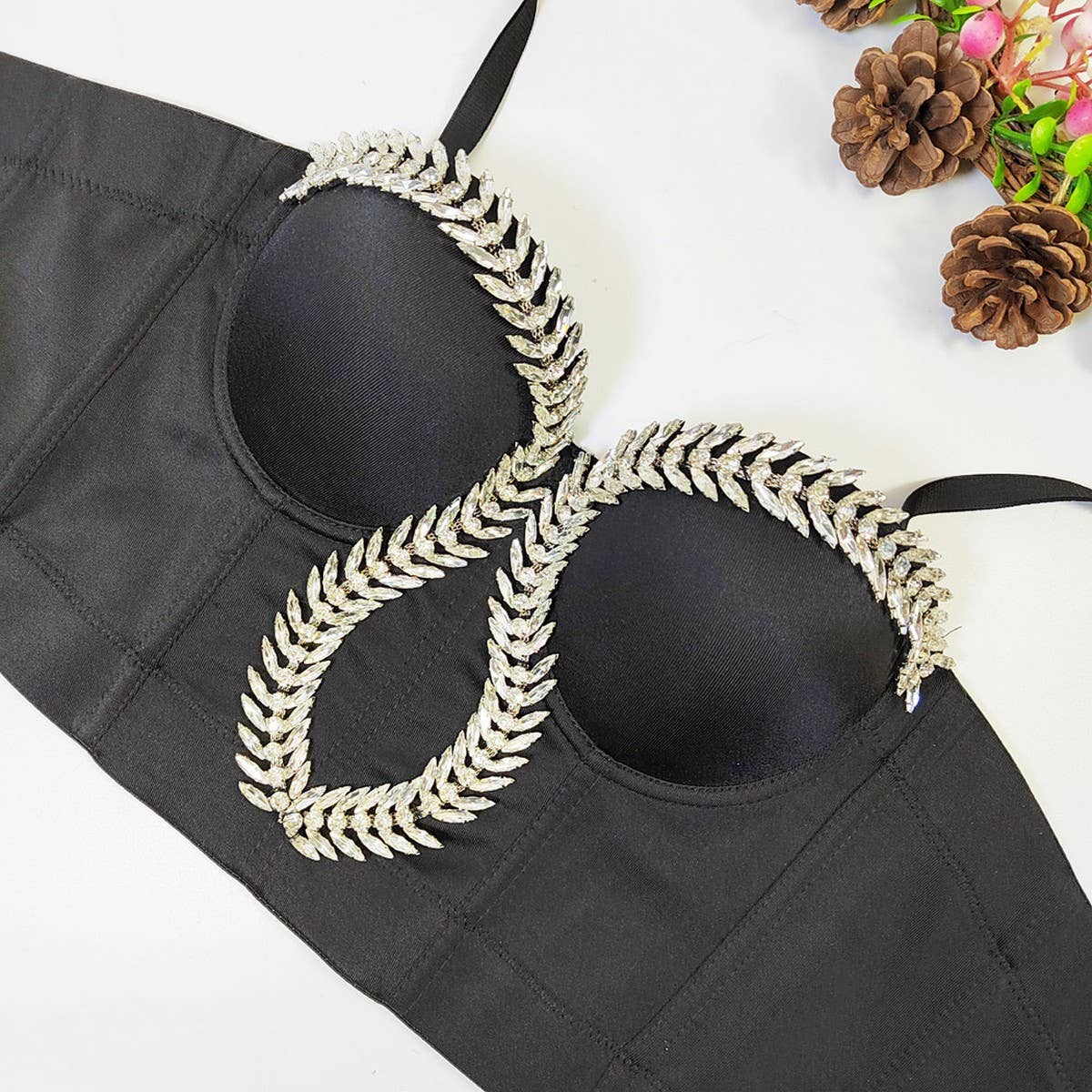 LEAF RHINESTONE HIGH-END HERRINGBONE CORSET_CWMM4178