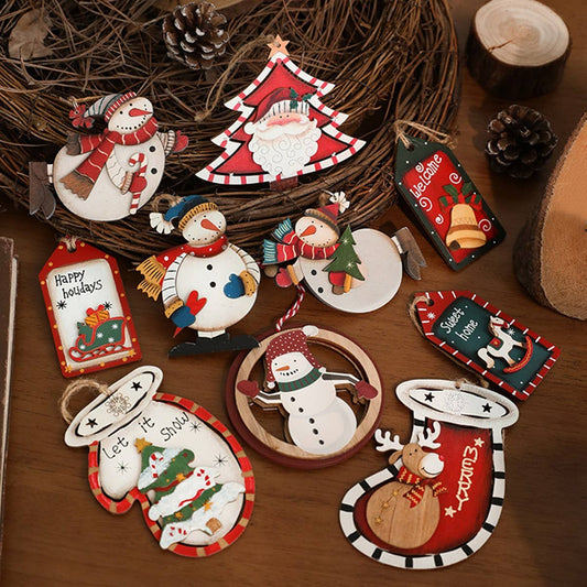 Rustic Wood Santa Snowman Xmas Tree Ornaments