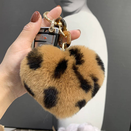 LEOPARD PRINT FUR BALL HEART SHAPE BAG KEYCHAIN