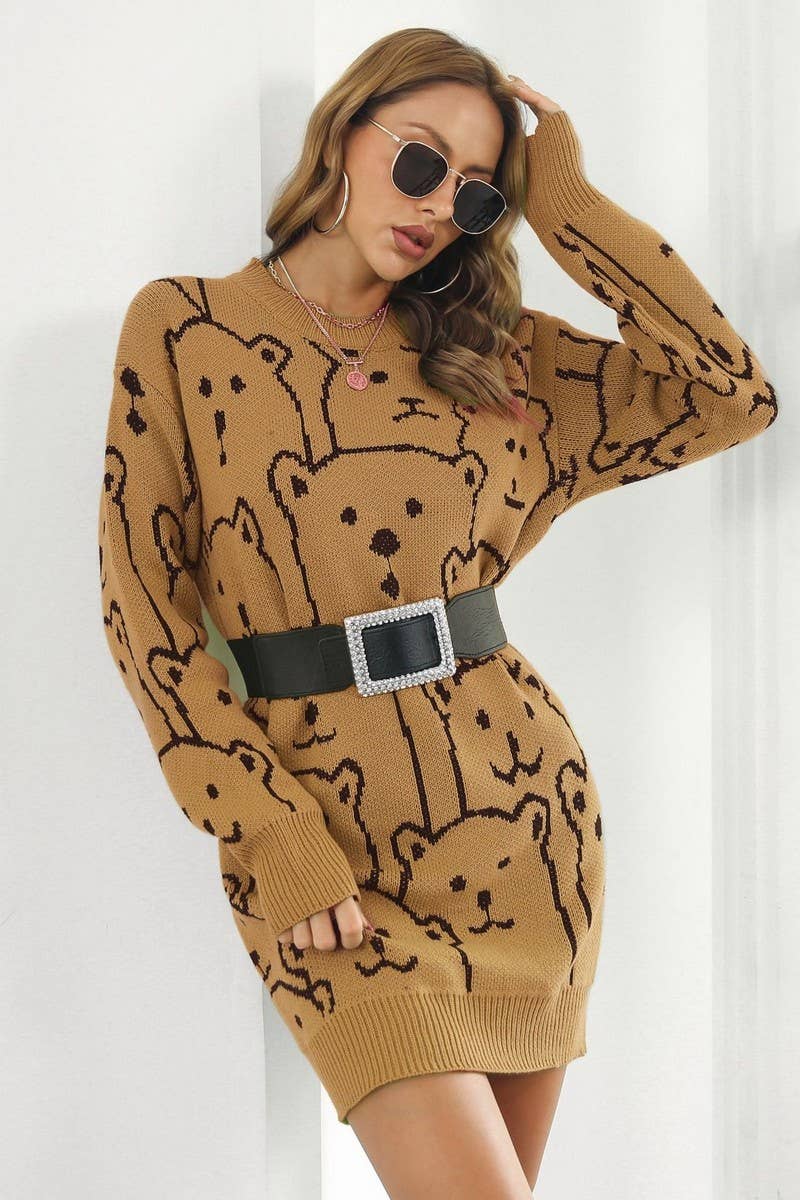CWDSD7336_SWEET LOOSE BEAR JACQUARD KNITTED DRESS