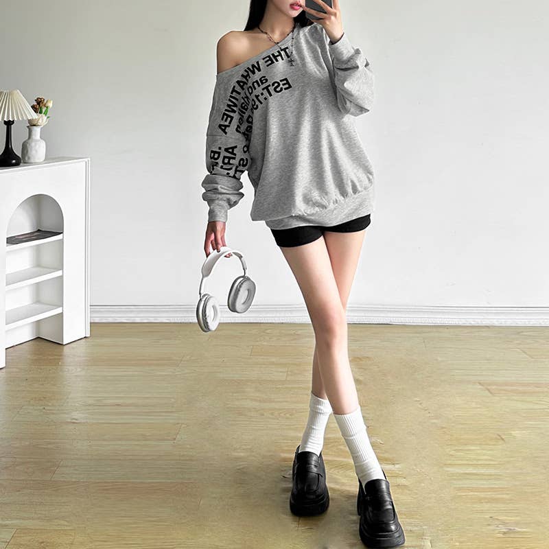 SLANT SHOULDER LETTER-PRINT LOOSE PULLOVER HOODIE