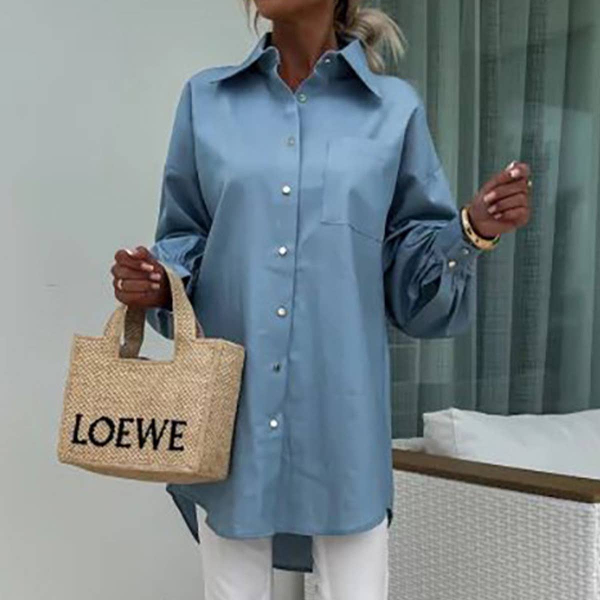 SINGLE BREASTED LONG SLEEVE SHIRT DENIM WASH TOP