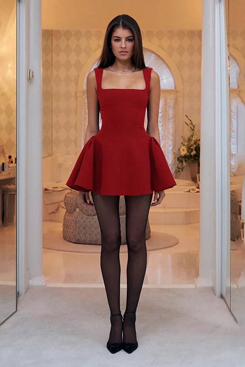 CWDSD8094_SQUARE NECK SLEEVELESS A-LINE MINI DRESS