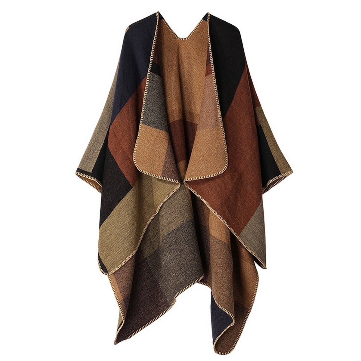 DOUBLE-SIDED PLAID FAUX CASHMERE SHAWL CAPE