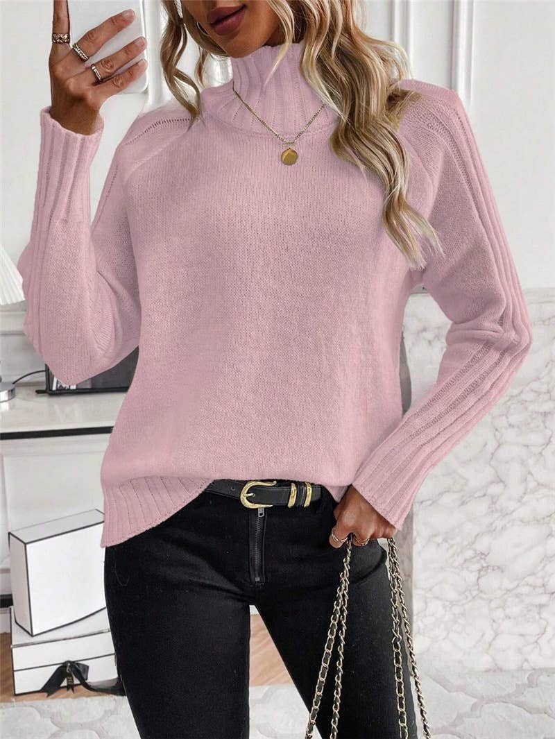 Solid-colored high-neck long-sleeved sweater