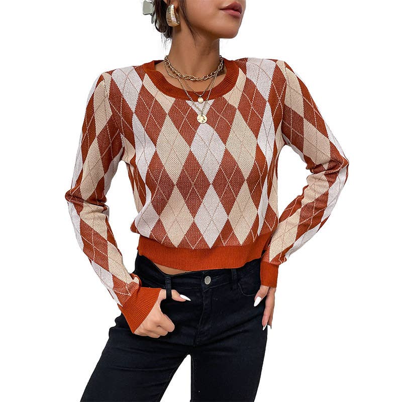 Vintage long sleeve short diamond check sweater
