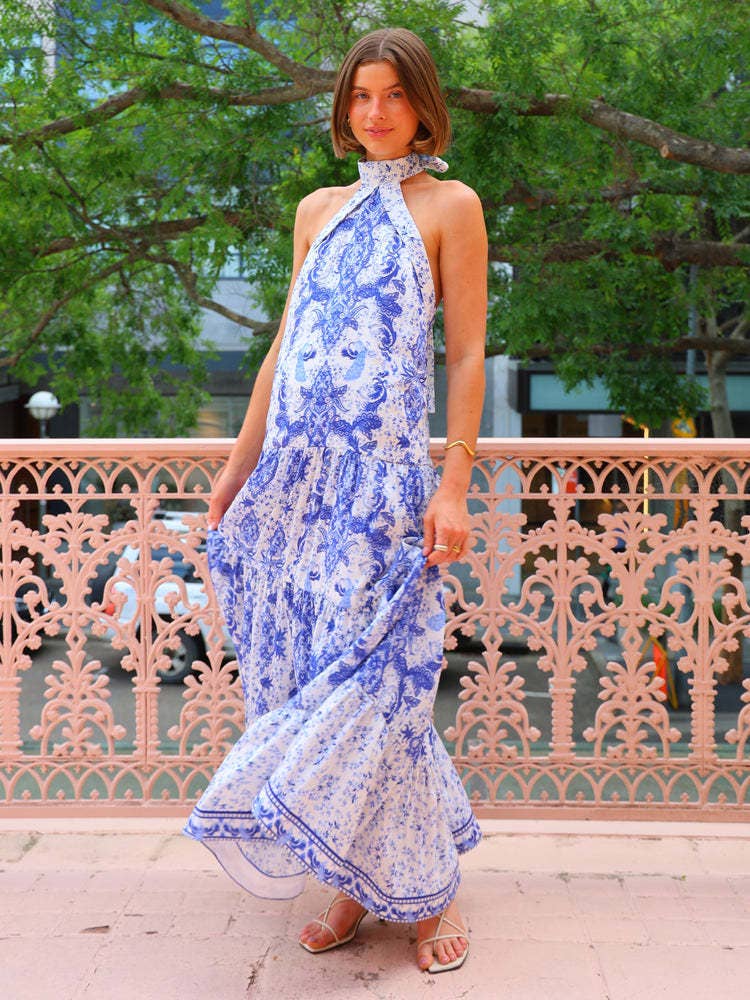 Temperament print halter halter lace peplum dress