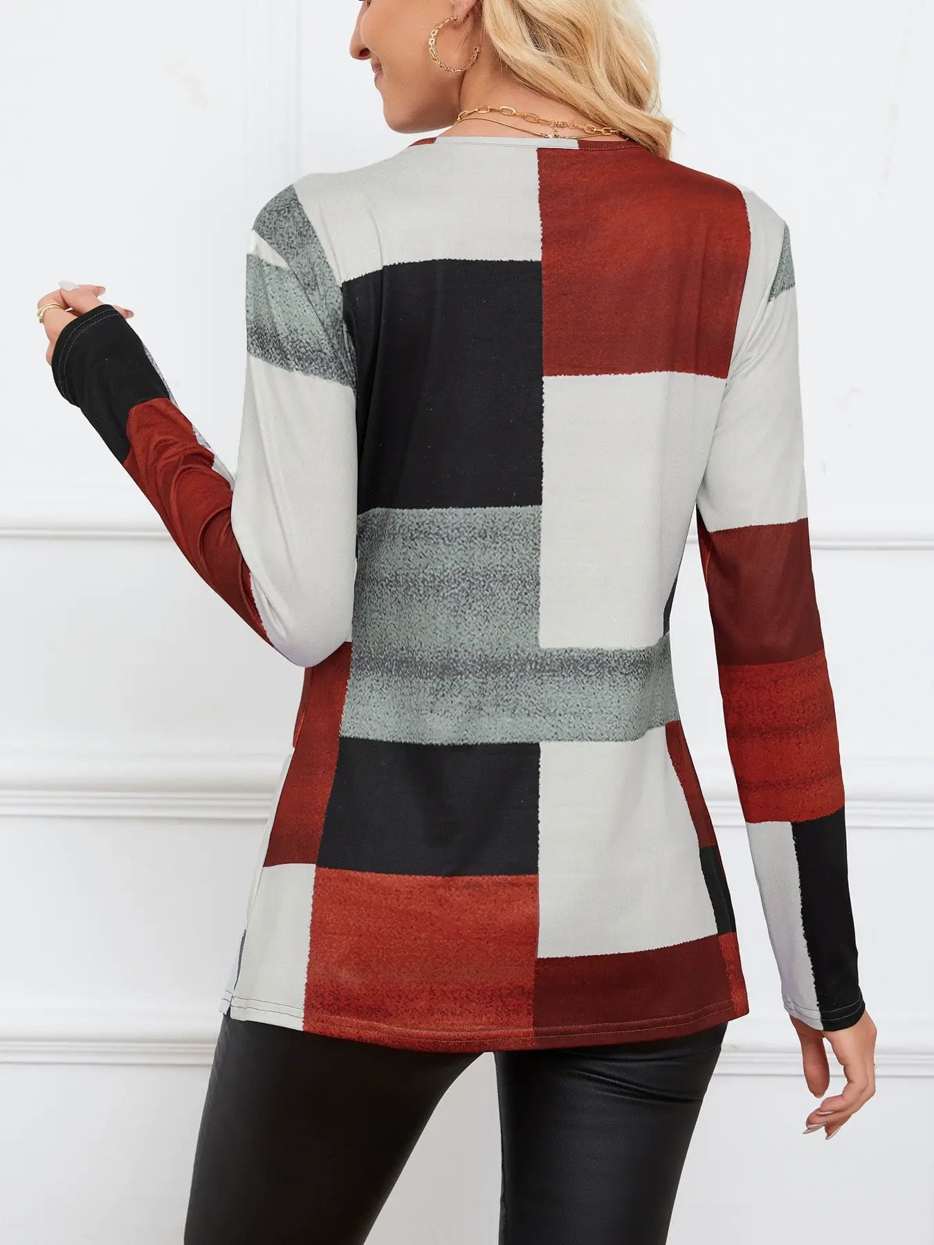 KNIT PLAID PRINT PULLOVER LONG SLEEVE T-SHIRT