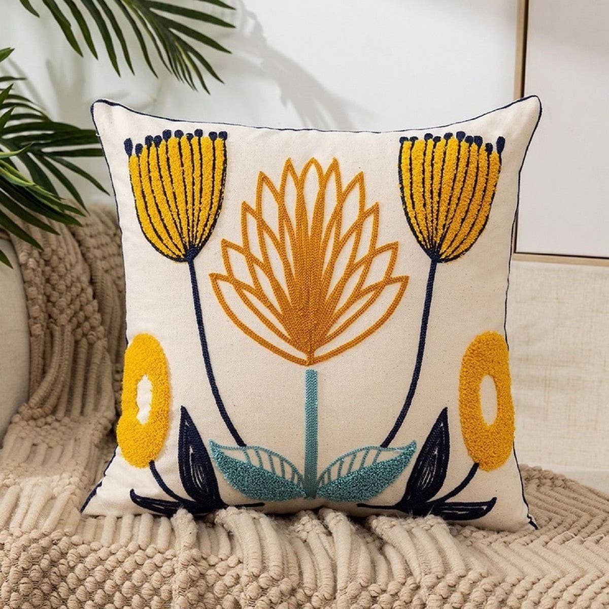Yellow Floral Embroidered Pillow Cover for Sofa/Bed_CWMM7694
