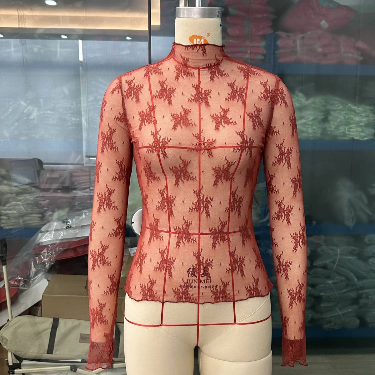 SEMI SHEER MESH LACE TOP BOTTOMING SHIRT