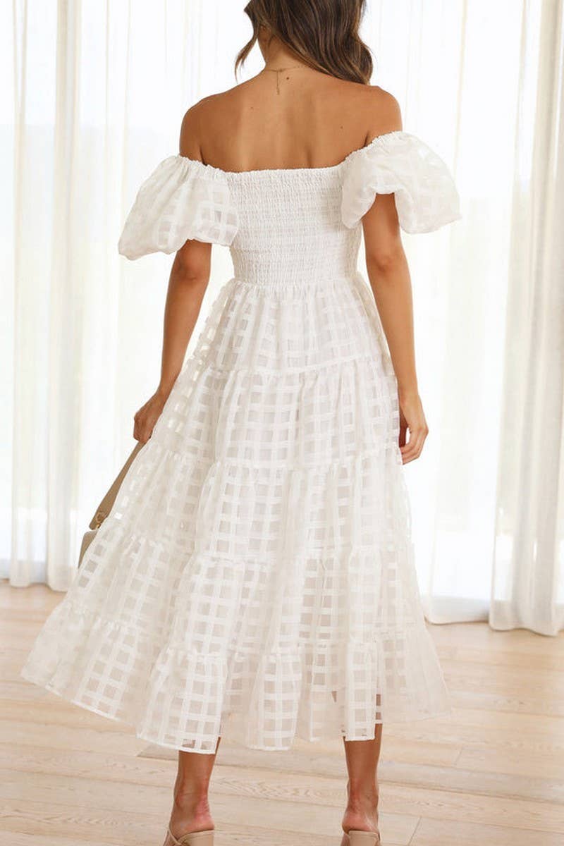 CWDMD5648_OFF SHOULDER LANTERN SLEEVE TIERED RUFFLE DRESS
