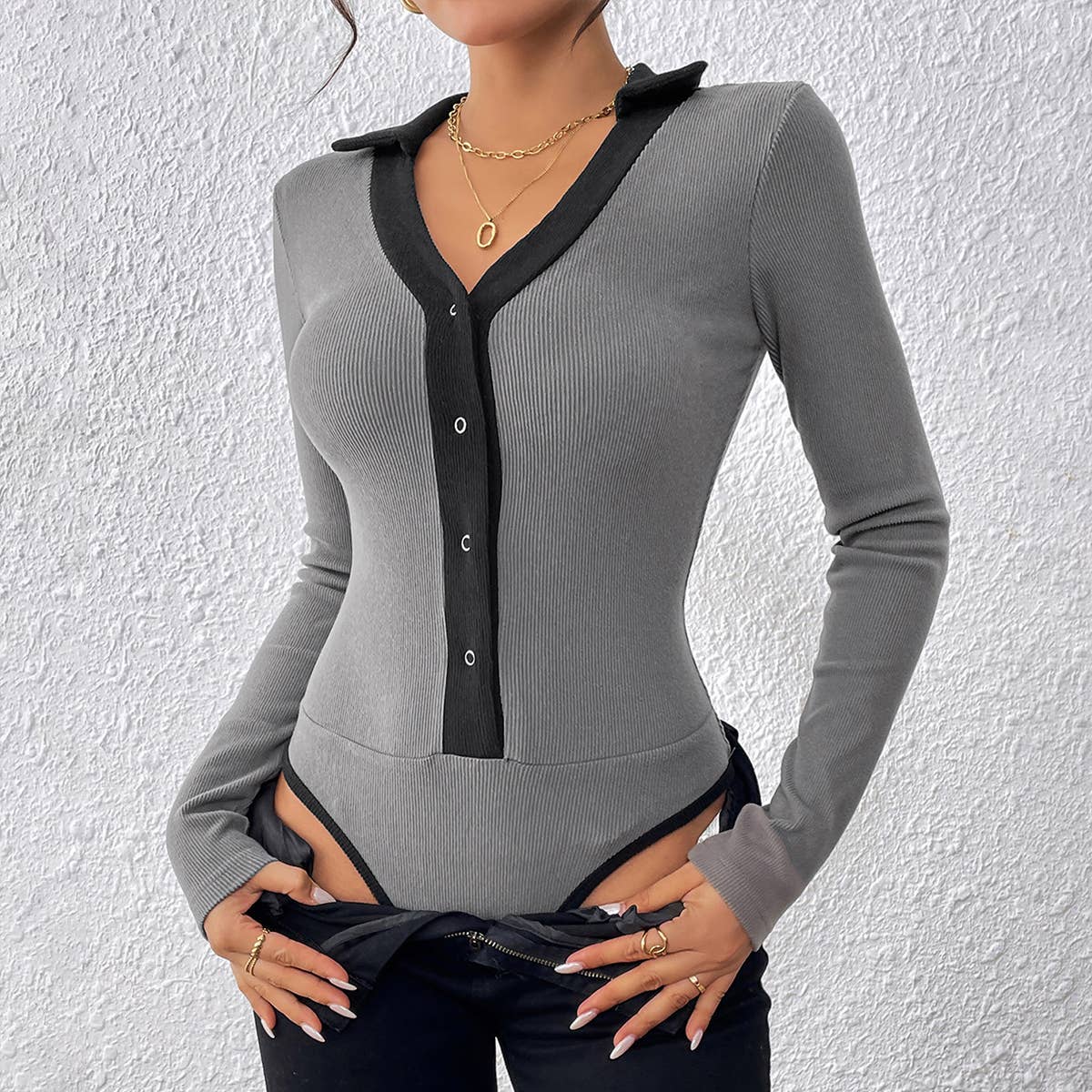 LAPEL SINGLE BREASTED COLOR STRIP FROSTED ONESIE