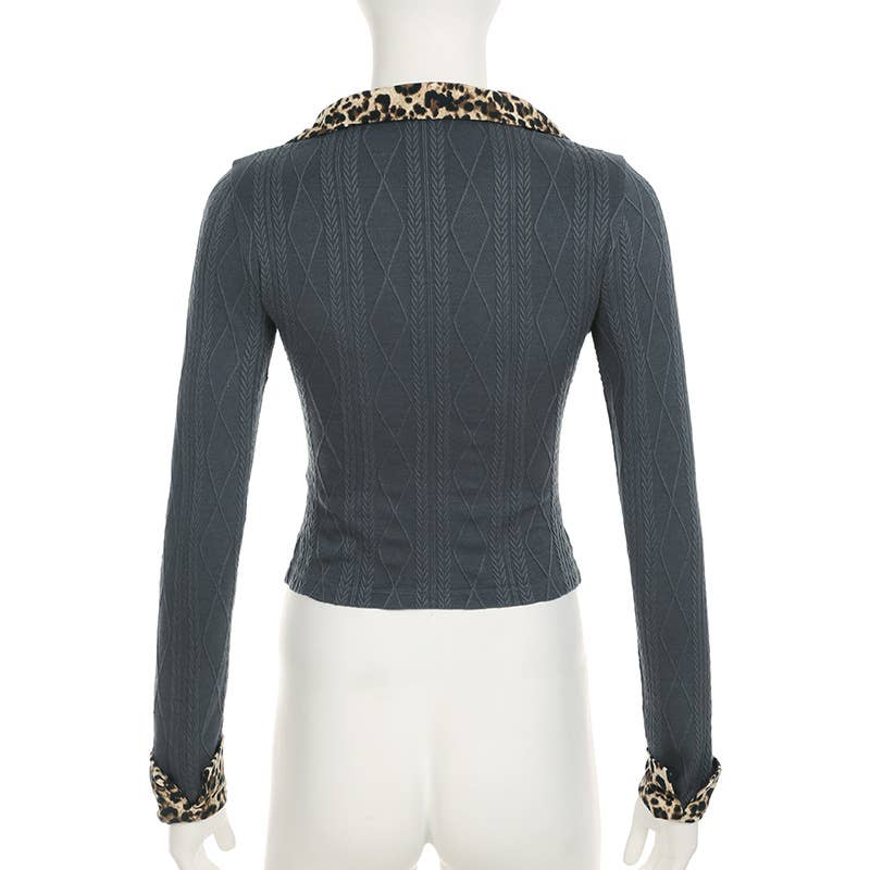 LEOPARD PRINT PATCHWORK KNIT LONG SLEEVE T-SHIRT