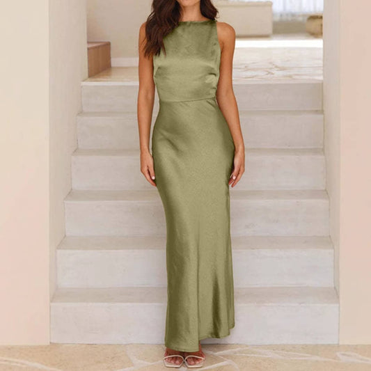 Solid satin sexy backless long halter gown dress