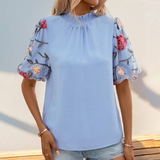 Embroidered Mesh Short Sleeve Shirt Stand Collar