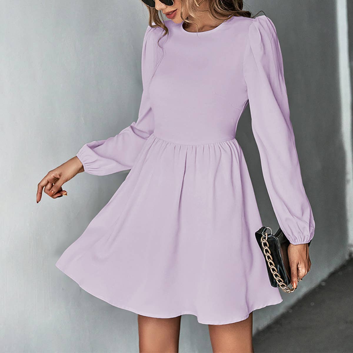 SWEET WAISTED A LINE HALTER LONG SLEEVE DRESS_CWDSD3251