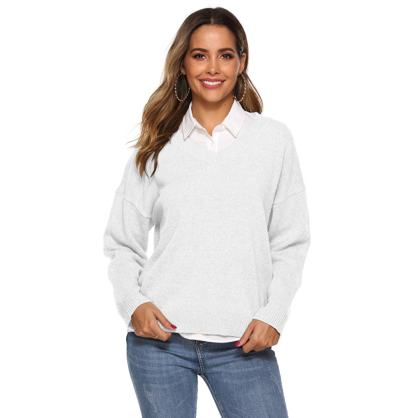 SIMPLE V-NECK PULLOVER SWEATER IN SOLID COLOR