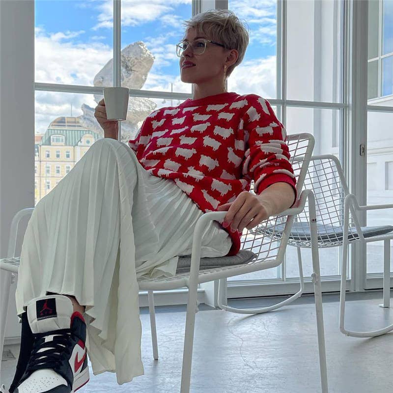 SHEEP PRINT LOOSE CASUAL PULLOVER SWEATER