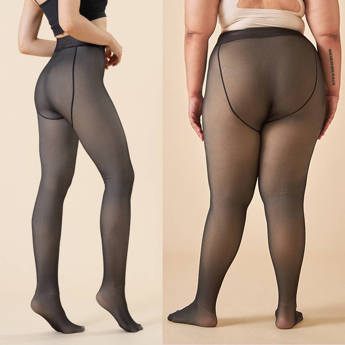 Plus Size Fleece Sheer Look Tights ??Gray Nude_CWMM8964