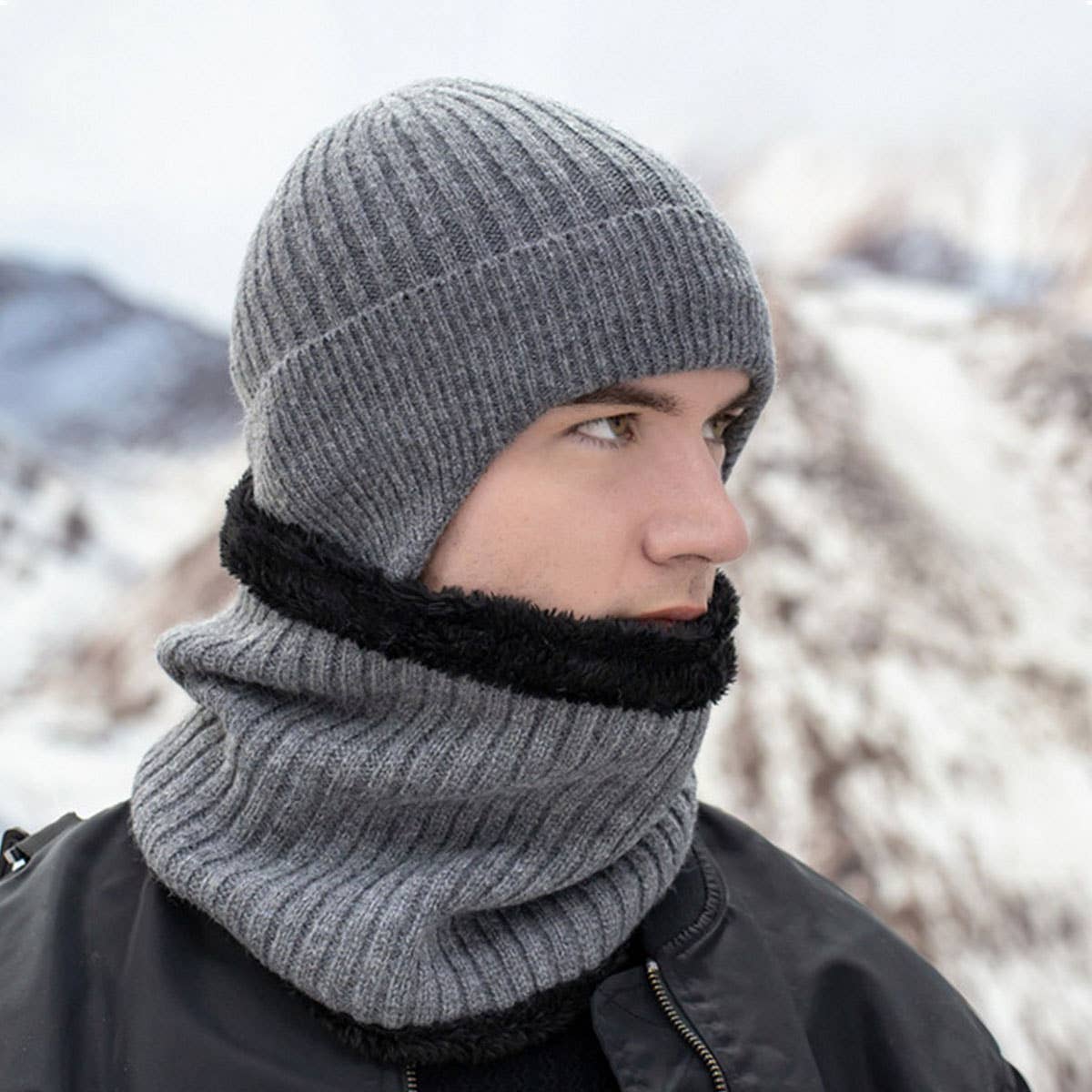 WINTER OUTDOOR FLEECE KNITTED HAT THREE PIECE SET