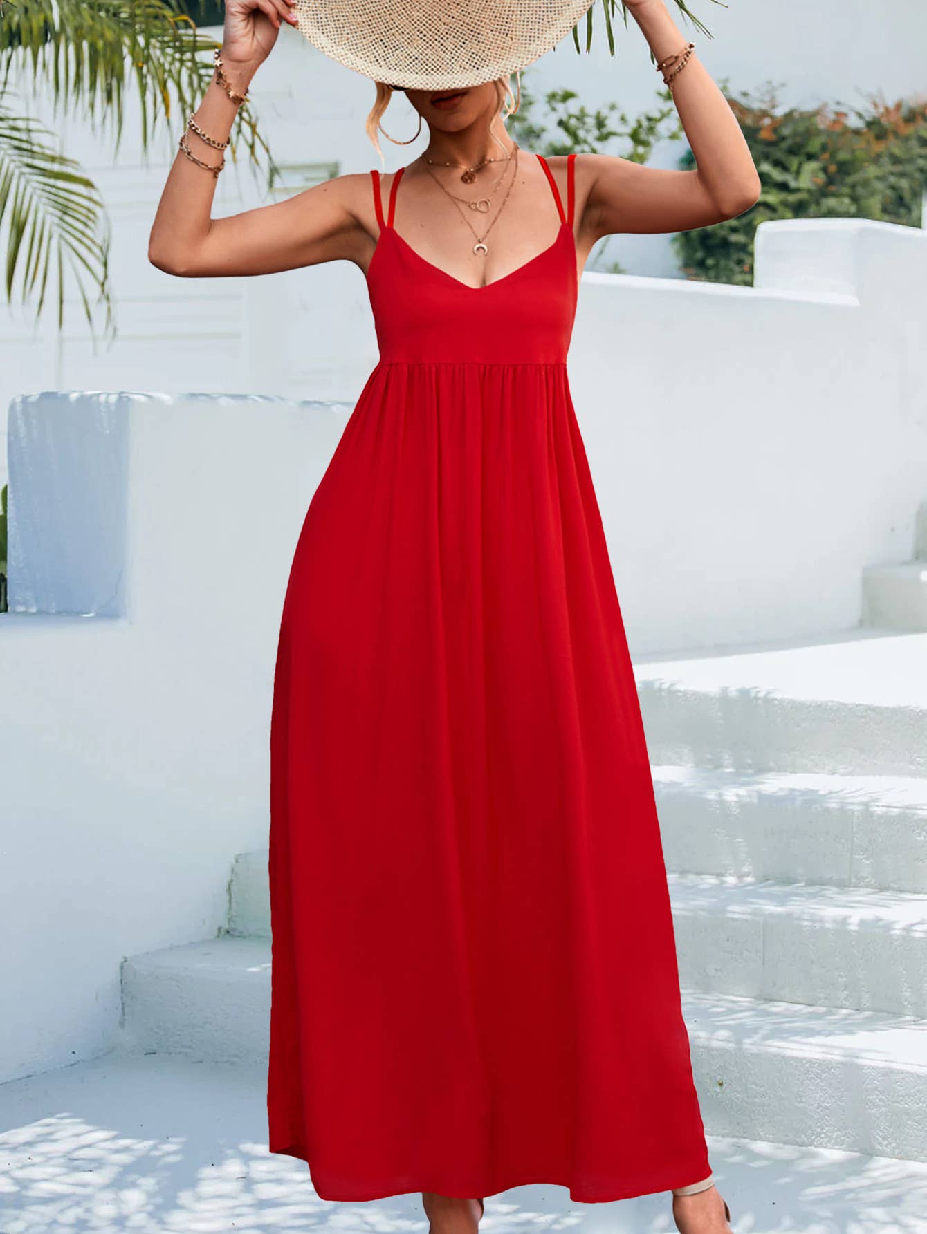 Sexy V-neck solid-color backless halter dress