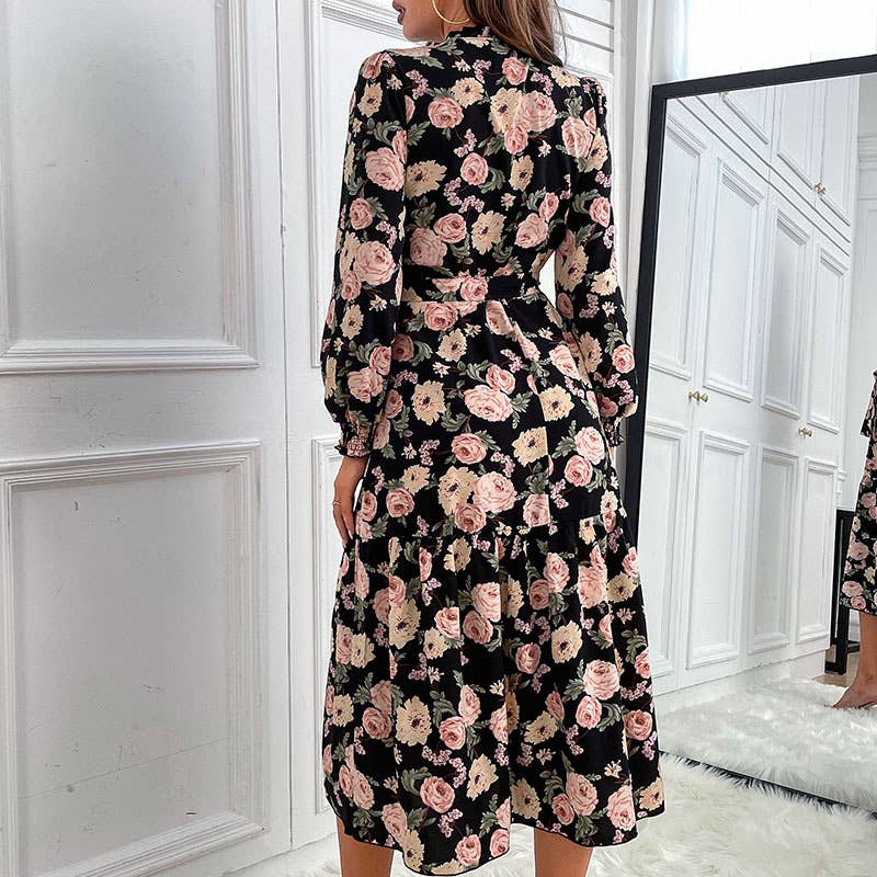 Printed lace-up dress with high neck