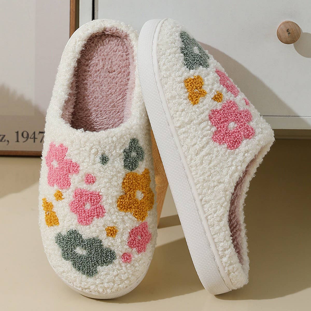 CUTE COLORFUL FLOWER WINTER WARM COTTON SLIPPERS