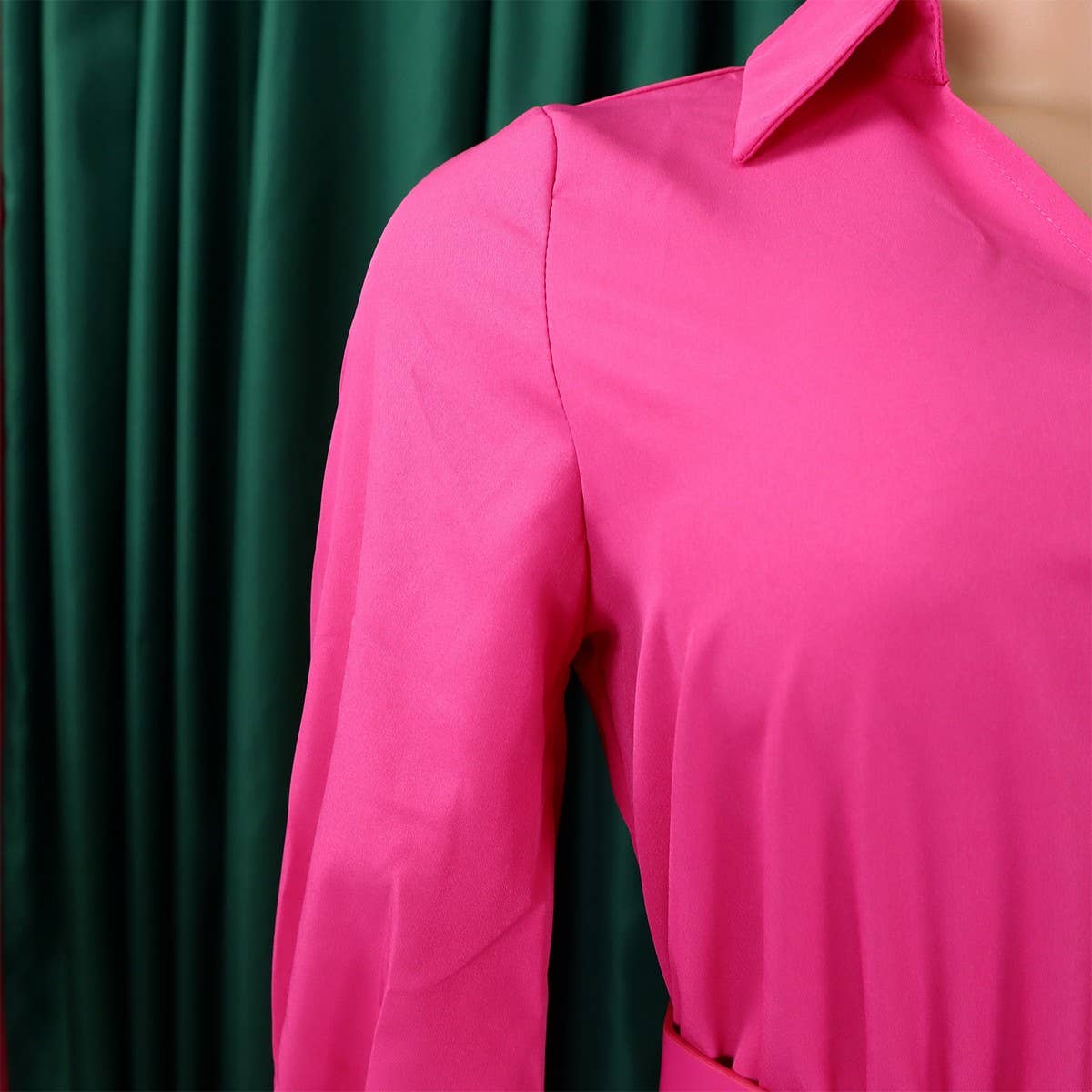 ELEGANT LAPEL SOLID COLOR WIDE HEM PLEATED DRESS