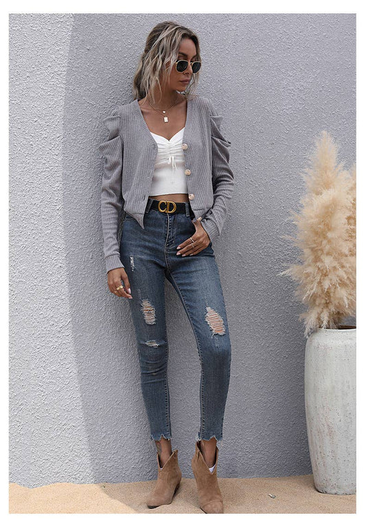 Ruffled pile sleeve cardigan V-neck sweater