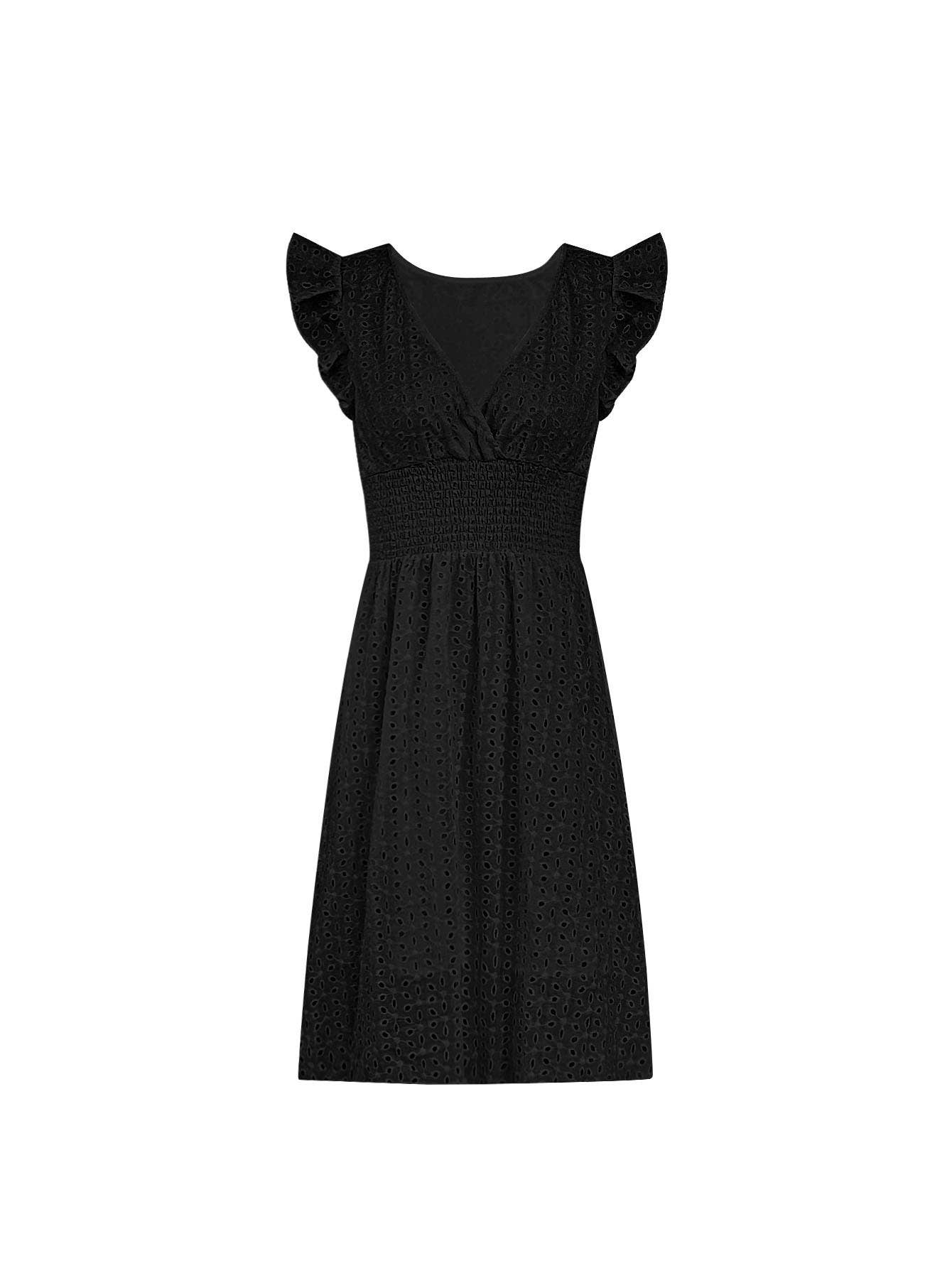 V-neck hollowed-out floral cinched-waist dress