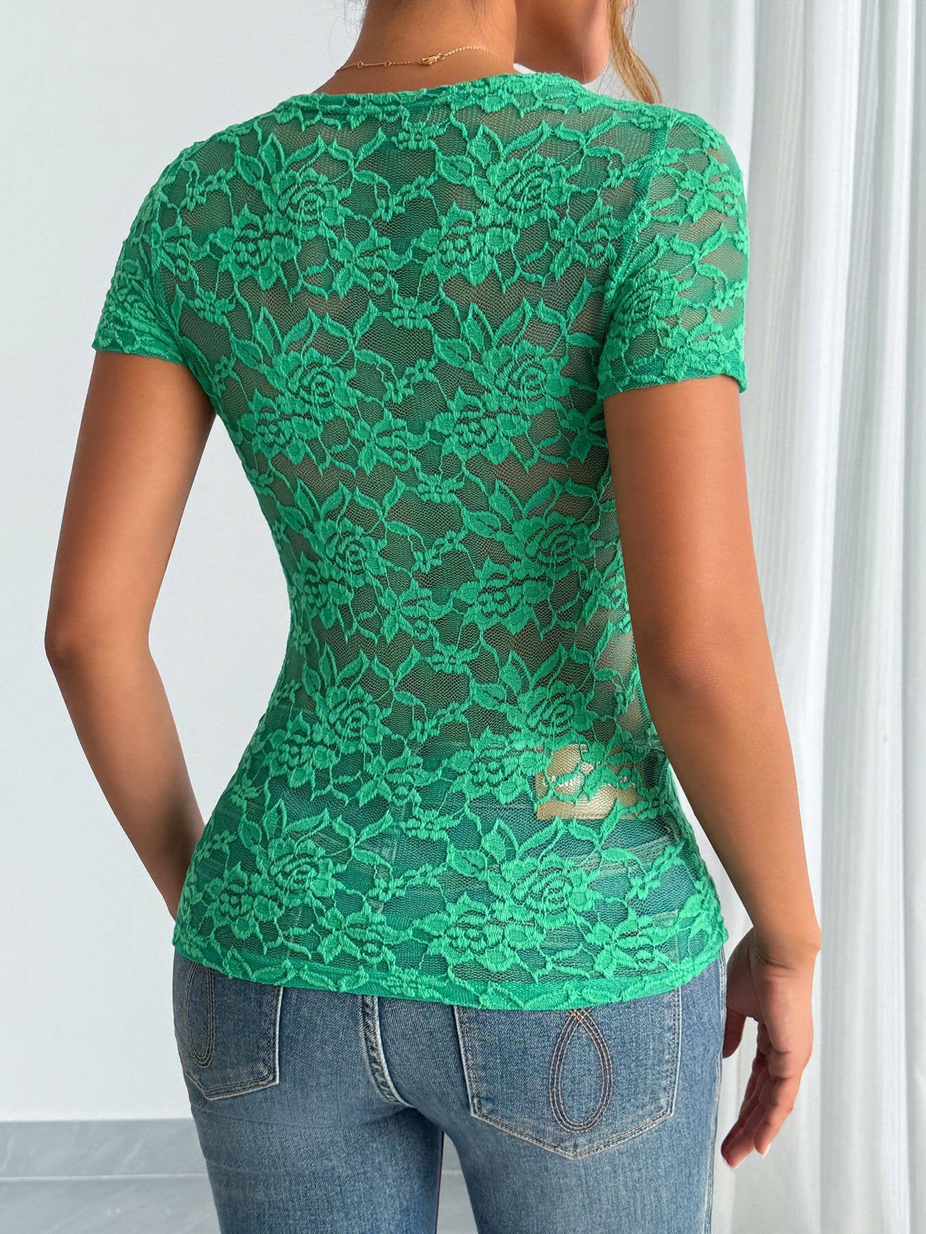 Solid-color lace V-neck short sleeve lace T-shirt