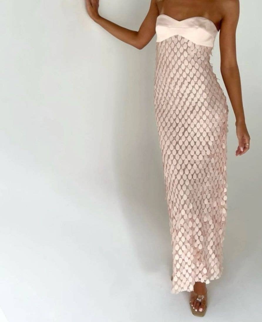 Strapless textured lace sequin backless dress