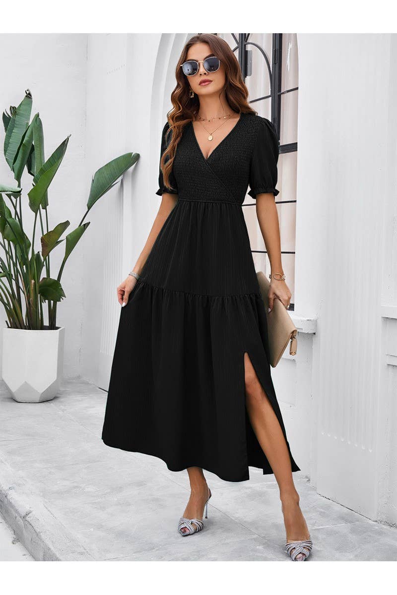 CWDMD2403_V-Neck Smocking Short Sleeve Split Midi Dress