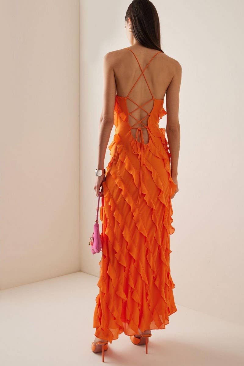 CWDHL0954_SOPHISTICATED SLIT RUFFLE EVENING DRESS