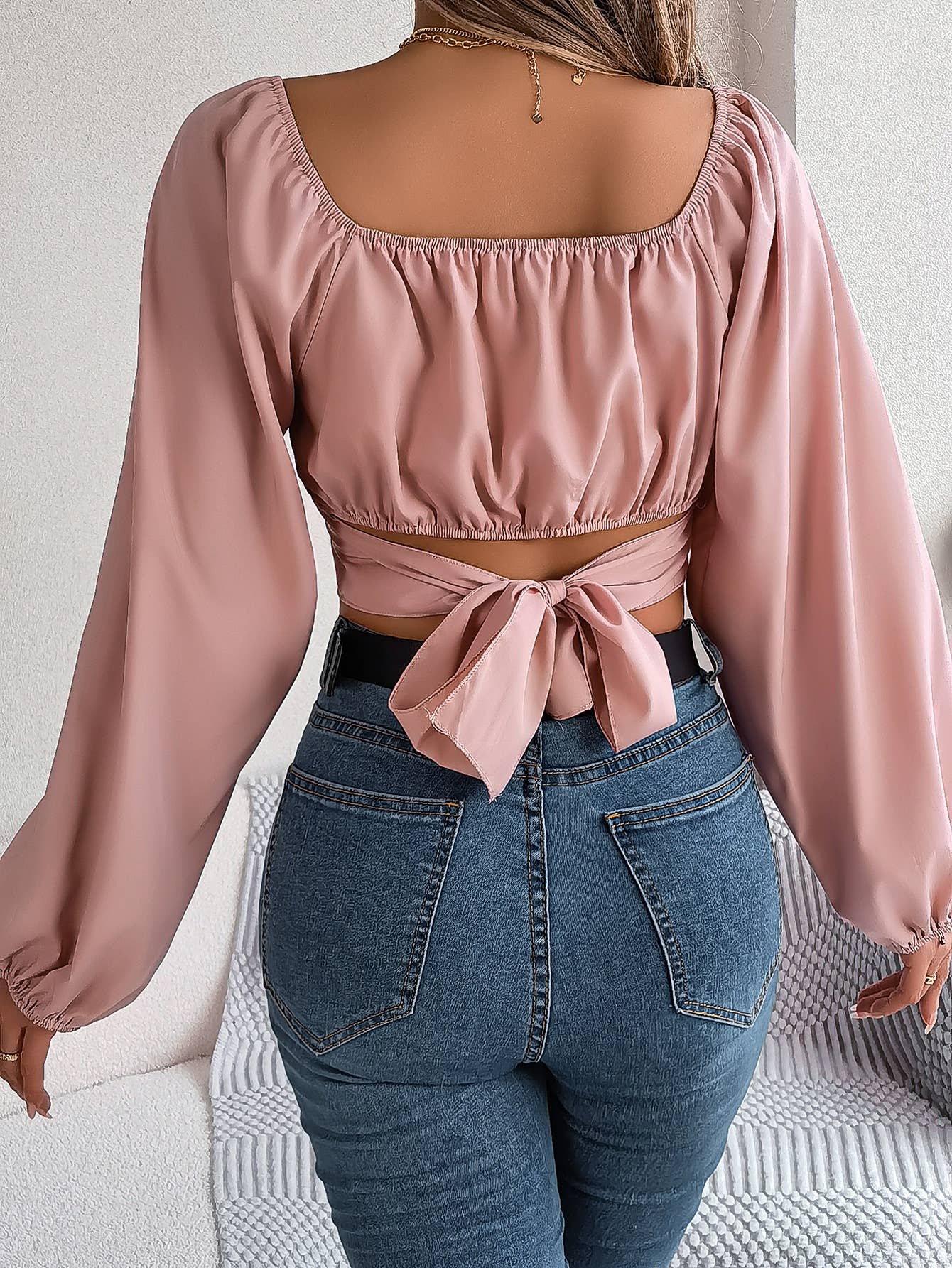 LANTERN SLEEVE LACE-UP WAIST CHIFFON CROP TOP