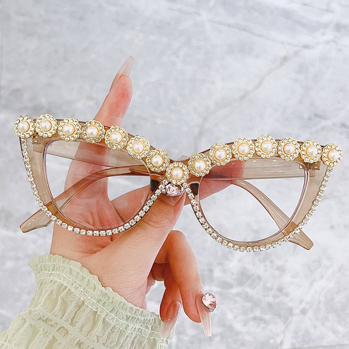 HANDMADE RHINESTONE PEARL RETRO CAT-EYE SUNGLASSES