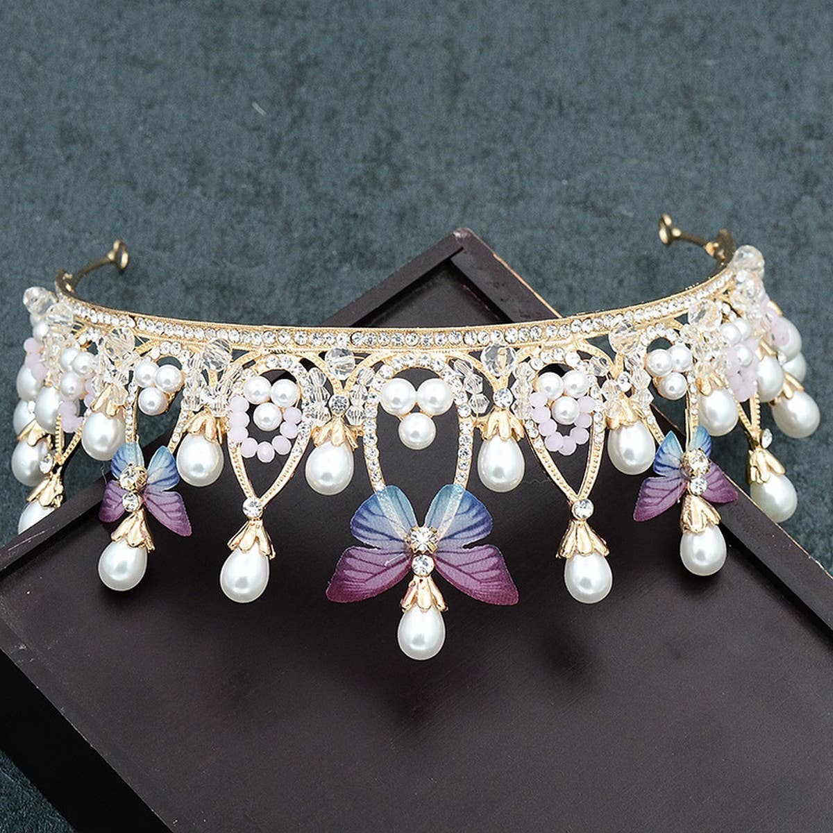 COLORFUL BUTTERFLY PEARL TIARA BRIDAL CROWN