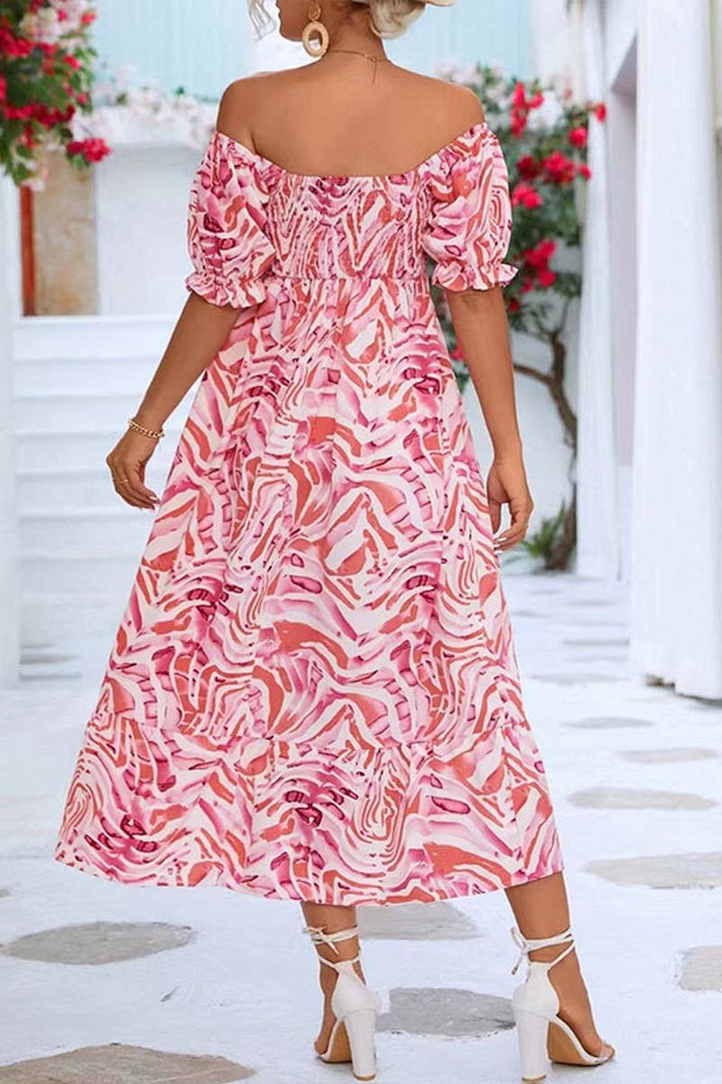 CWDMD5412_OFF SHOULDER FLORAL SMOCKED WAIST MIDI DRESS