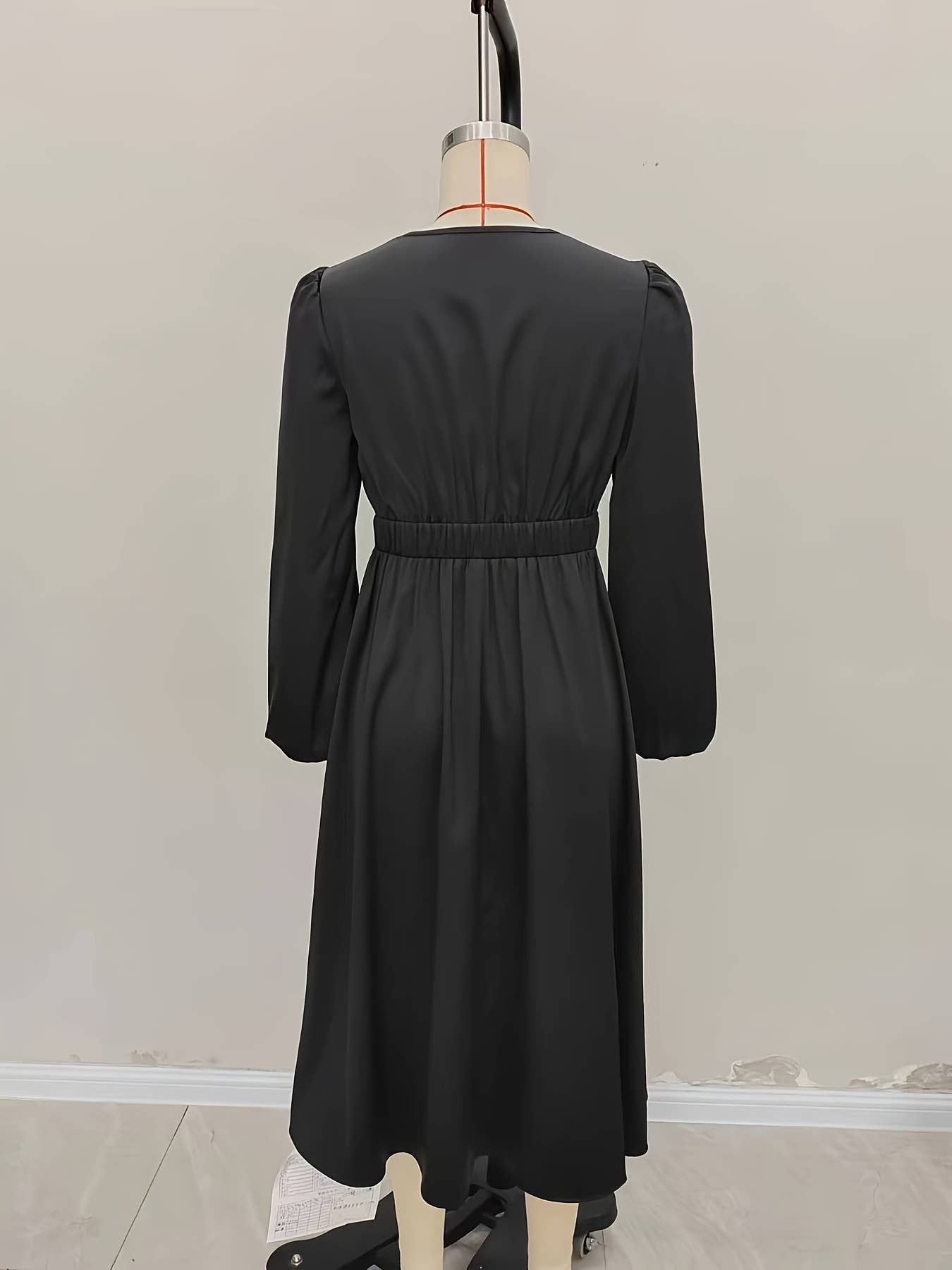 V-neck pleated ripped long-sleeved satin dress