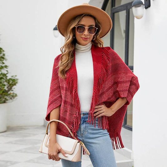FRINGED CAPE COAT KNITTED STRIPED CAPE WOMAN