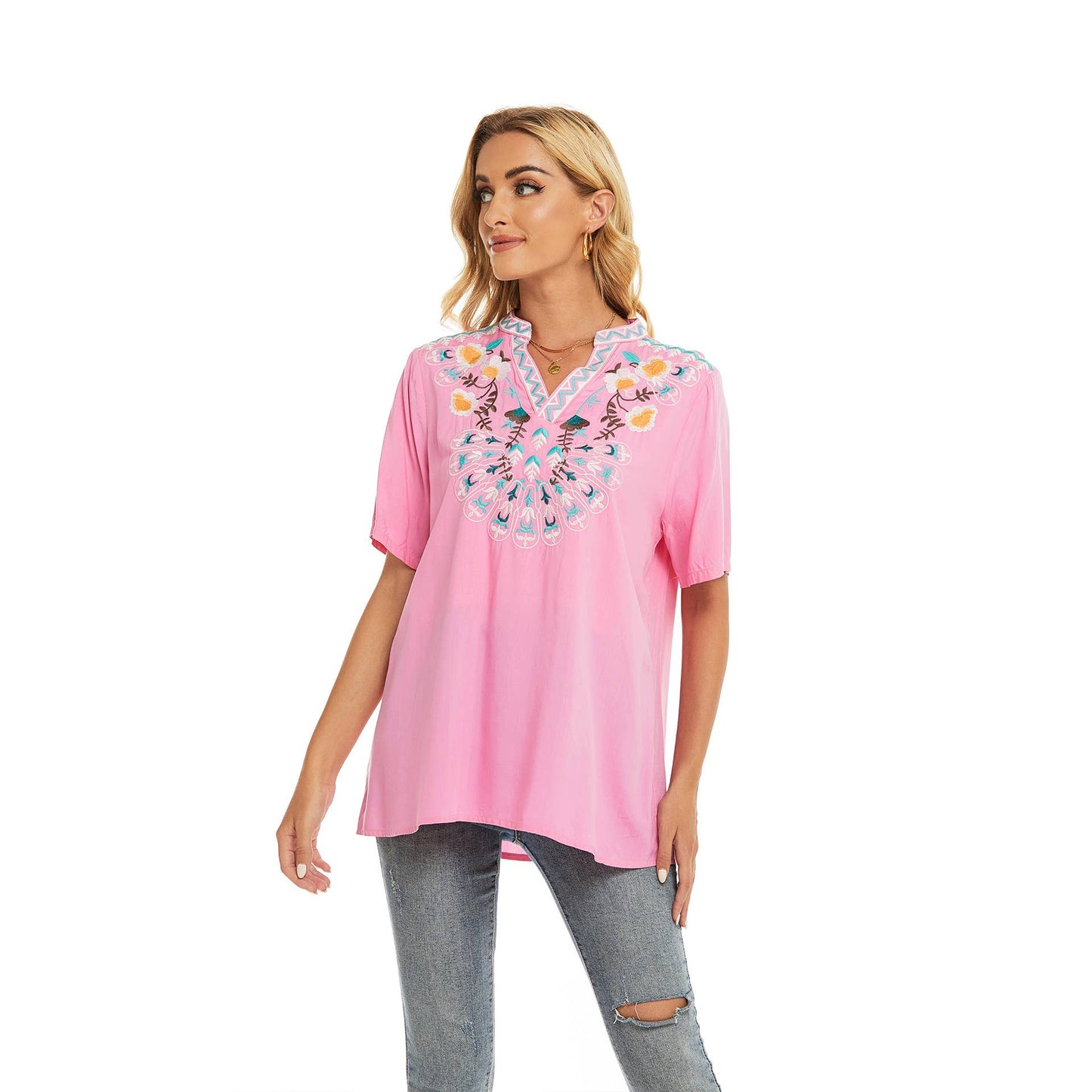 Embroidery ethnic style V-neck short sleeve