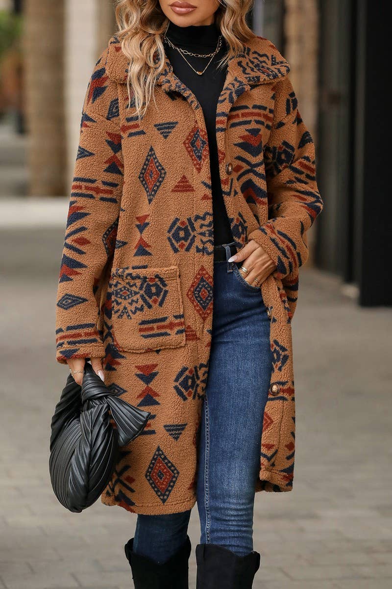 WOMEN ETHNIC STYLE PRINTED PLUSH LONG COAT_CWOCO0123