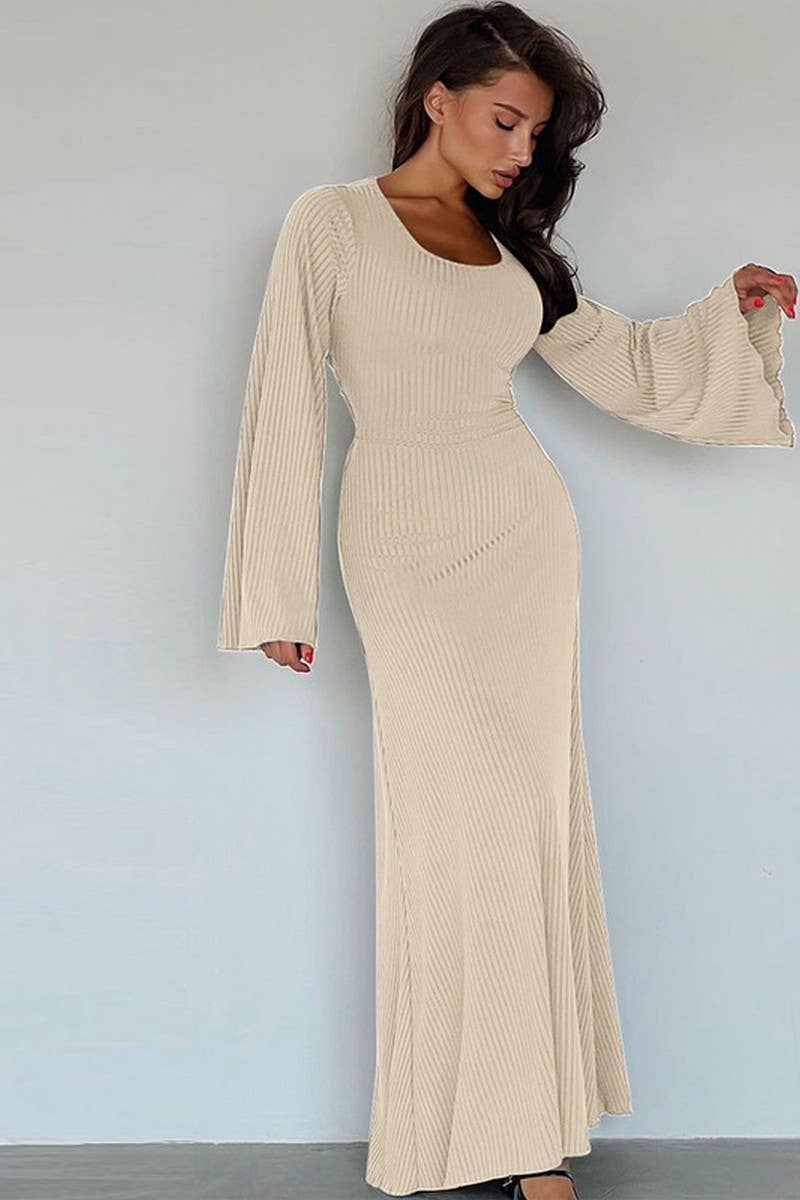 CWDMD4948_OVERSIZED TIE-DETAIL RIBBED LONG SLEEVE DRESS