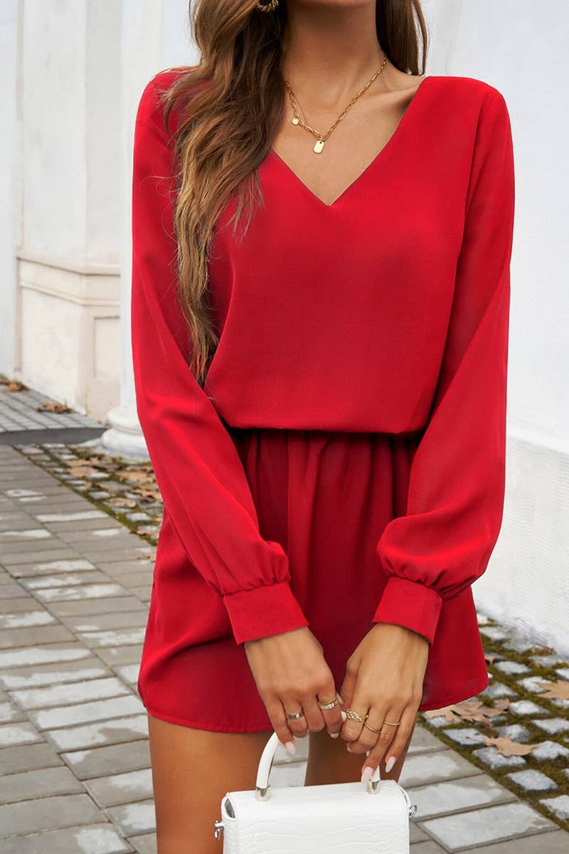 CWDSD5613_V-NECK SOLID COLOR PUFF SLEEVE DRESS