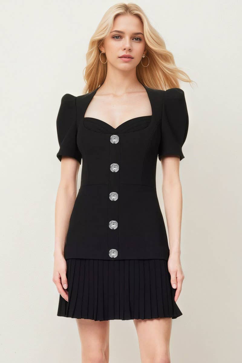 CWDSD8884_VINTAGE BUTTON PUFF SLEEVE BLACK MINI DRESS