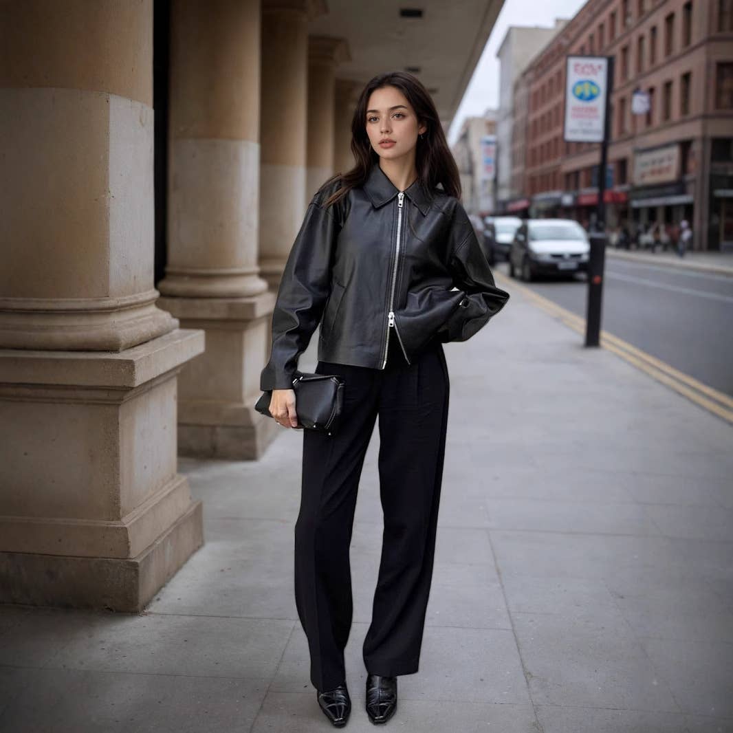 Stylish lapel zipper short leather jacket