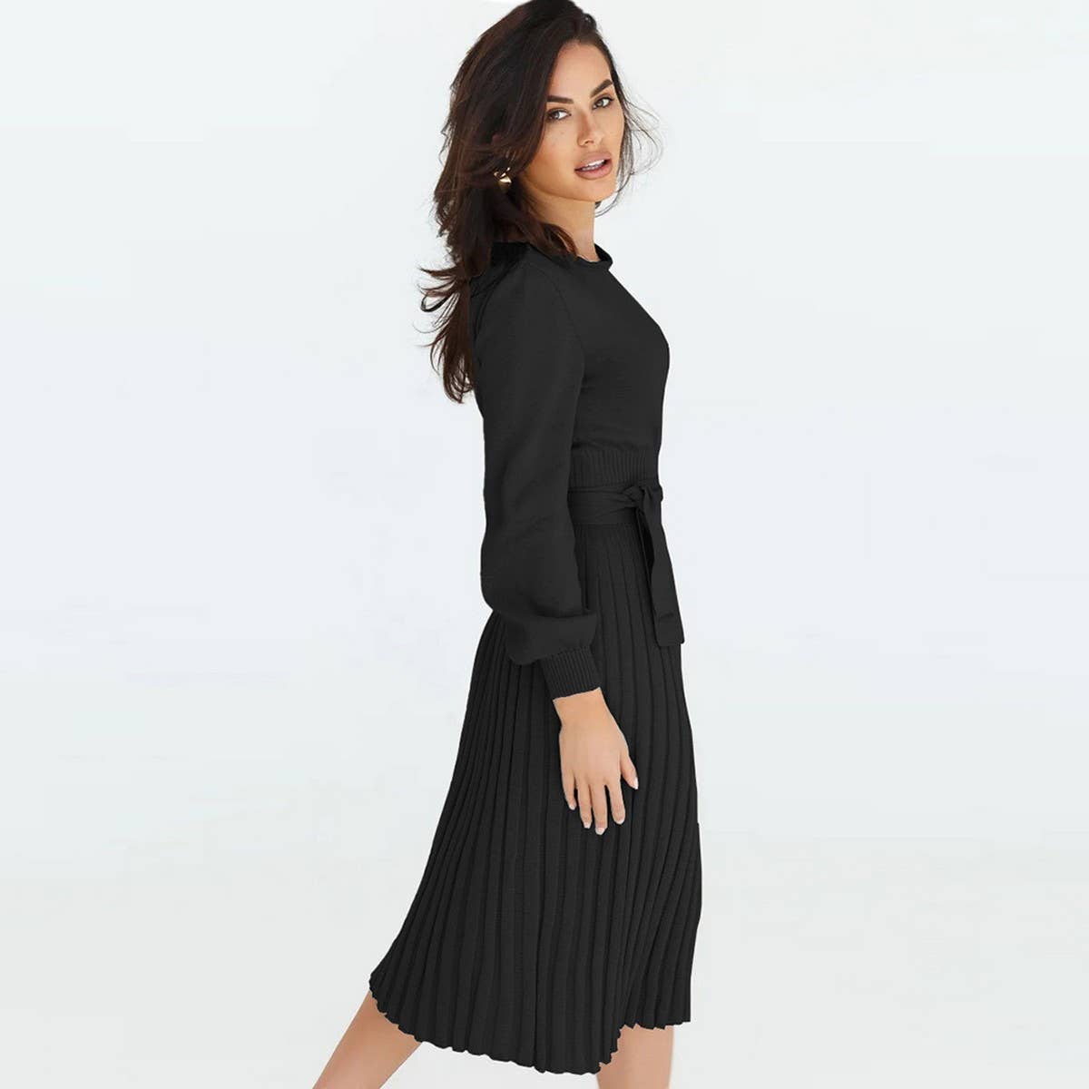 Knit slim-fit pleated long bottom sweater dress