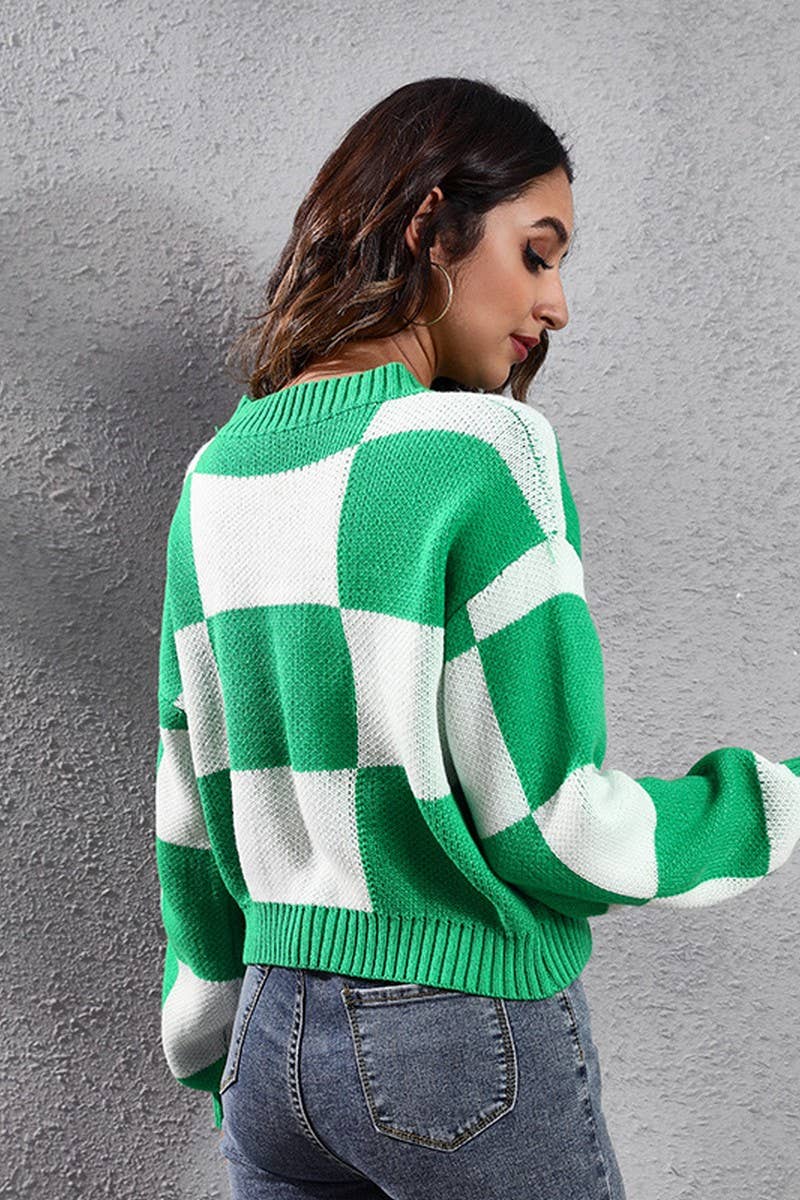 WOMEN RIBBED CREWNECK LONG SLEEVE PLAID SWEATER_CWOSWL1441