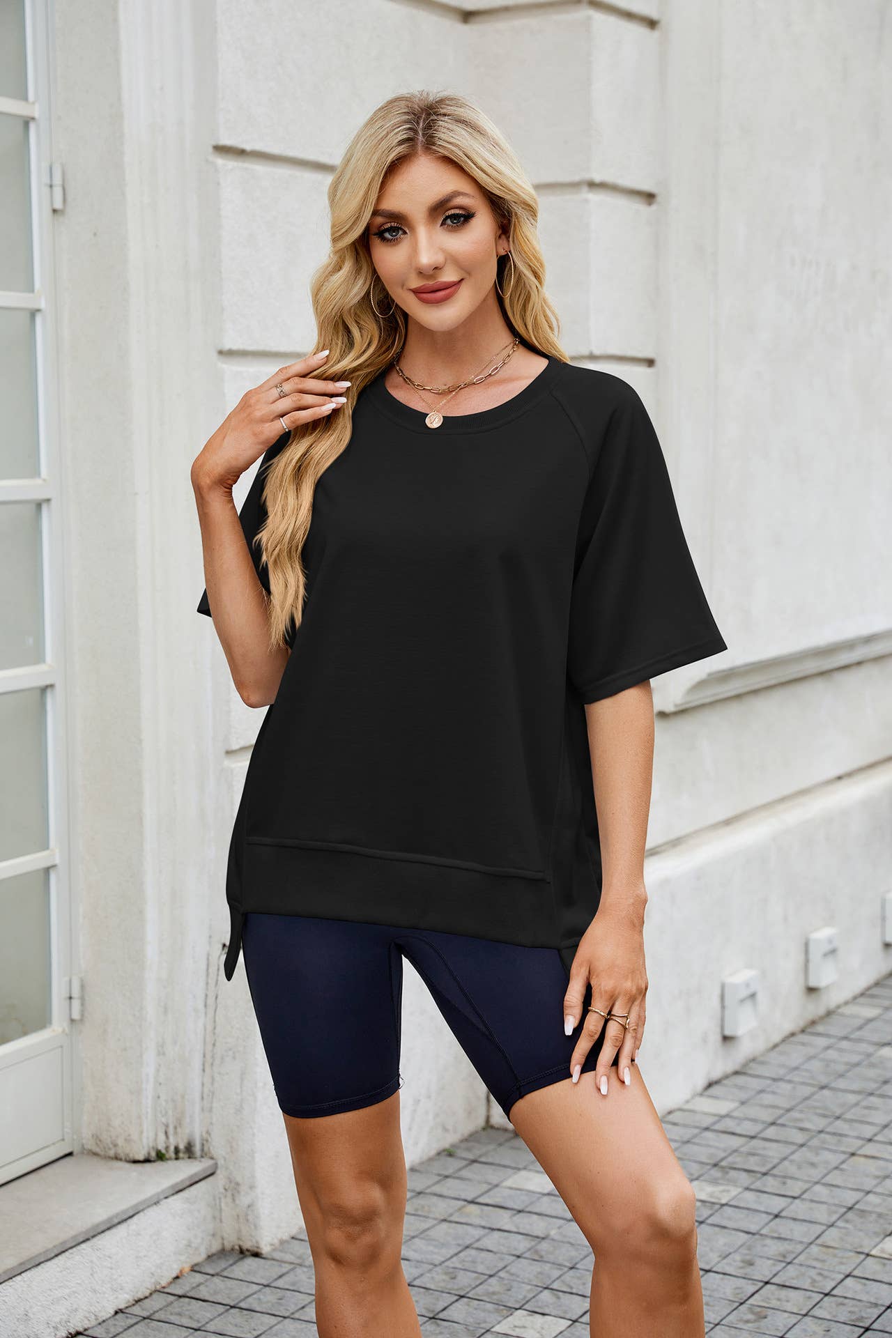 Solid color screw-neck loose short-sleeved hoodie