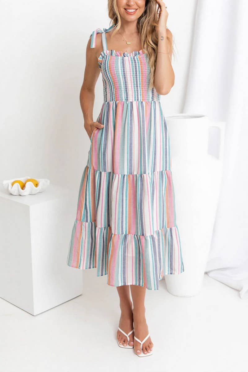 CWDMD5325_RAINBOW STRIPED TIE BACK SPAGHETTI STRAP DRESS